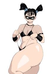 belly big_ass bikini black_hair breasts cel_shading cellulite chubby_female dudeman80085 fat_ass female fishnets g_string ninja one-punch_man shadow_ring small_breasts thong twintails voluptuous_female