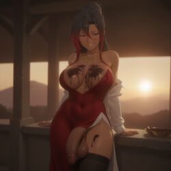 1futa ai_generated arm_support backlighting balls bare_shoulders biting_own_lip black_hair black_thighhighs blue_eyes bowl breasts chocolate chocolate_on_body chocolate_on_breasts cleavage cocktail_dress covered_navel covered_nipples cowboy_shot dark-skinned_futa dark_skin dress evening flaccid food food_on_body foreskin futa_only futanari gold_necklace gradient_hair grin hair_between_eyes half-erect huge_cock huge_testicles intersex jewelry kono_subarashii_sekai_ni_shukufuku_wo! large_breasts large_penis large_testicles long_hair long_sleeves looking_at_viewer multicolored_hair necklace off_shoulder parted_lips penis penis_out ponytail precum purple_eyes red_dress red_hair shirt side_slit smile solo standing sun sunrise sunset sylvia_(konosuba) teeth testicles thighhighs two-tone_hair twoderrick uncensored uncircumcised valentine veins veiny_penis white_shirt