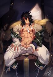 1boy abs artist_name balls bara bird_boy bird_wings black_hair coat crescentia crescentia_fortuna dated earrings english_commentary erection feather_necklace feathered_wings fire_emblem fire_emblem:_path_of_radiance fire_emblem:_radiant_dawn gay gay_male green_coat hay headband highres jewelry male male_focus muscular muscular_male navel necklace nipples open_clothes open_shirt pants pectorals penis pointy_ears red_headband scar scar_on_chest scar_on_face sitting smile testicles tibarn_(fire_emblem) white_pants wings yaoi