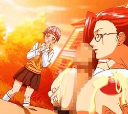 1boy 2girls animated breasts censored clothed cum ejaculation erogos glasses huge_breasts kusanagi_chisato love_fetish male milf nude paizuri penis pubic_hair red_hair sasamiya_kaoru source_request