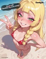 1girls ai_generated beach blonde_hair blunt_bangs candypinklips coast erect_nipples_under_clothes female flip_flops green_eyes grin hand_up lillie_(pokemon) long_hair pokemon pokemon_sm sandals smile standing v_sign watermark younger_female
