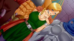 4monsters belt bianca_whitaker blonde_hair blue_eyes blush braid breasts cape censored cleavage clothing dragon_quest dragon_quest_v dress embarrassed female highres hood hoodlum inja_no_kuruwa large_breasts legs long_hair looking_at_viewer monster moosifer mosaic_censoring penis single_braid standing sweat thighs tied_hair