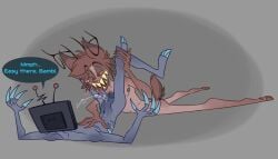 2boys alastor_(hazbin_hotel) animal_ears animal_tail antlers ass aurumolai back_view balls blue_body blue_nipples blue_skin butt claws cum english english_text gay gills grey_background hazbin_hotel hooves licking_penis long_tongue looking_at_another looking_at_partner lying lying_on_stomach monocle naked nipples nude penis pinned pinned_down red_eyes red_hair sharp_claws sharp_teeth simple_background square_nipples tail text_bubble tongue tongue_out tv_head vox_(hazbin_hotel) yaoi