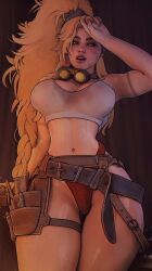 1girls ass background bare_hips bare_midriff barely_clothed barely_covered_crotch bars belly belly_button belt big_ass big_breasts blacksmith blonde-haired_female blonde_hair blonde_hair_female breasts clothed clothed_female clothes clothing crop_top curvaceous curvy curvy_female curvy_figure dirty dirty_blonde_hair dirty_clothing exposed_hips eyebrows eyeliner female female_focus female_only fit fit_female gemma_(monster_hunter_wilds) gloves glowing_eyes googles grey_eyes highres hip_cleavage indoors large_breasts light-skinned_female light_skin long_legs monster_hunter monster_hunter_wilds nails ponytail ponytail_female posing presenting_to_viewer red_thong reflection revealing revealing_clothes revealing_clothing revealing_outfit seductive seductive_pose sexy sexy_pose sfrinzy simple_background skimpy skimpy_clothes skimpy_costume skimpy_outfit slim_waist solo solo_female solo_focus standing standing_position sweat sweating sweaty sweaty_body thick thick_ass thick_butt thick_thighs thighs thighs_bigger_than_head thong tight_clothes tight_clothing utility_belt video_game_character video_games voluptuous voluptuous_body voluptuous_female white_top white_topwear wide_hips wide_thighs working