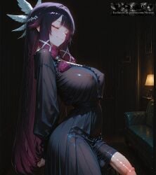 1futa absurdres ai_generated arms_behind_back bangs black_dress blunt_bangs blush breasts closed_eyes closed_mouth columbina_(genshin_impact) couch covered_nipples covered_testicles cowboy_shot dress erection from_side futa_only futanari genshin_impact gradient_hair hair_ornament head_wings highres indoors lamp large_breasts large_penis light-skinned_futa long_hair long_sleeves multicolored_hair nightgown niraniri penis penis_out precum purple_hair see-through smile solo two-tone_hair veins veiny_penis very_long_hair