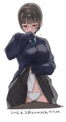 1girls absurdres alone_belm artist_name black_skirt blue_jacket blue_necktie blush breasts cameltoe chinese_commentary clothes_lift commentary_request cropped_legs crotch_rub dated female female_masturbation glasses grey_eyes grey_hair half-closed_eyes hand_up highres jacket large_breasts lifting_own_clothes long_sleeves looking_down masturbation necktie original panties raised_inner_eyebrows round_eyewear school_uniform schoolgirl_uniform shirt short_hair simple_background skirt skirt_lift sleeves_past_wrists solo straight-on table_humping underwear watermark watermark_grid white_background white_panties white_shirt