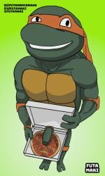 anthro bandana_on_head box container food futamaki genitals glory_hole green_body green_skin hi_res male michelangelo michelangelo_(tmnt) penis pizza pizza_box reptile requesting_oral scalie smile solo solo_focus teenage_mutant_ninja_turtles teenage_mutant_ninja_turtles_(1987) turtle turtle_humanoid turtle_shell