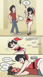 2boys 2d 2d_(artwork) 2d_artwork applying_lipstick applying_makeup ass asscheeks bare_shoulders big_ass black_hair black_hair_male bulge bulge_through_clothing christmas christmas_outfit comic comic_panel curvy curvy_figure curvy_male dialogue digital_drawing_(artwork) digital_media_(artwork) duo duo_focus duo_male femboy femboy_on_male flat_chest gay gay_kiss gay_kissing gay_male girly homosexual homosexual_male human human_male jamearts joey_(pshelly) kiss_mark kissing male male/male male_focus male_only mistletoe mwah panels red_lips red_lipstick red_lipstick_mark saliva saliva_string saliva_trail sam_(pshelly) santa_hat short_hair short_hair_male smooch smooch_(sound_effect)