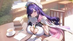 aeons_echo ai_generated big_breasts blush book breasts breasts_out chair clipboard clothed clothes cup eyes_covered game_cg gloves hat leggings nutaku pink_eyes purple_hair reda_(aeons_echo) sitting table thick_thighs thighs
