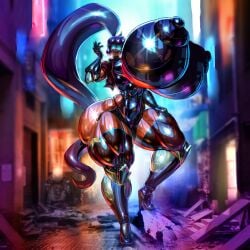 1girls android blue_eyes blurry_background breasts cropped_jacket female full_body gigantic_breasts glowing_eyes high_ponytail huge_areolae hyper_breasts jacket looking_at_viewer mechabare mechanical metallic_body noonun outdoors puffy_nipples robot_girl shiny_skin solo sparkles thick_thighs thigh_boots very_long_hair