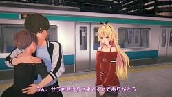 1boy 2girls 3d anonymous_female areolae bedroom blonde_hair breasts call censored cheating_(relationship) cheating_boyfriend cleavage cuckquean cum cum_on_breasts duo_focus ejaculation erect_penis erection female french_kiss hairband handjob heterochromia hoshikawa_sara hug huge_breasts indoors japanese_text kissing kissing_face koikatsu light-skinned_female light-skinned_male light_skin male moaning mosaic_censoring naefee nijisanji nipples no_voice_acting on_bed penetration penis phone phone_call pussy red_eye room sex smartphone sound tagme text train train_station vaginal_penetration video virtual_youtuber yellow_eye