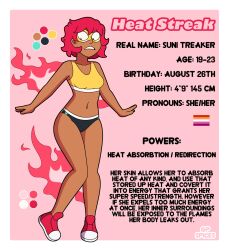 ass breasts clothed clothing color colors dialogue enf female female_only fire flames gp_spices heat_(temperature) heat_streak information_sheet lesbian_pride_colors looking_back looking_down mask masked masked_female original original_art original_artwork original_character red_hair reference_sheet shoes short_hair shorts skinny skinny_female small_breasts speedster sports_bikini sports_bra sports_shorts sportswear superhero text yuri