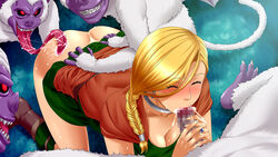 1girls 4boys 4monsters ass belt bianca_whitaker blonde_hair blush boots breasts cape censored cleavage clothing cum cum_in_mouth dragon_quest dragon_quest_v dress earrings ejaculation fellatio female highres inja_no_kuruwa kneeling large_breasts legs licking long_hair monster mosaic_censoring no_panties oral penis red_eyes silvapithecus_(dragon_quest) size_difference smaller_male sweat tail thighs tongue