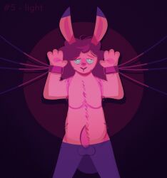 anthro body_hair bondage bound cuff_(restraint) curly_hair erection genitals hair hi_res hypnovember hypnovember2025 lagomorph leporid light_bondage lineless male mammal mastectomy_scar mind_control morgan_(ofthestarlesssea) nonbinary_(lore) ofthestarlesssea penis rabbit raised_arms restraints ringed_eyes scar solo spotlight standing