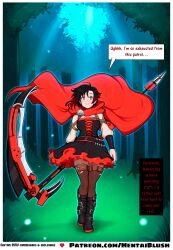 1girl ai_generated ammo_pouch anime_style black_boots black_corset black_gloves black_hair black_skirt blue_background boots brown_belt brown_thighhighs cape character_focus cleavage corset crescent_rose detailed_background exhausted fantasy female forest forest_background full_body gloves glowing_eyes hentblush hood lacing large_weapon looking_at_viewer midriff navel night open_mouth red_cape red_hair_streaks red_hood red_trim ruby_rose rwby scythe short_skirt silver_eyes skirt small_breasts smile solo speech_bubble sweat thighhighs tired view weapon weapon_focus white_sleeves