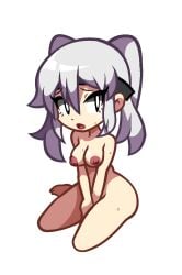 1girls ass barefoot breasts completely_nude completely_nude_female covering embarrassed female_only long_hair nipples niyuyu nude nude_female rin_(darkspider94) rin_inoue shantae solo style_parody tagme twintails white_hair