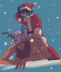 2boys age_difference anal ass blush christmas gundam male male_focus male_only mikazuki_augus multiple_boys nude orga_itsuka outdoors public santa_costume size_difference snow sweat toroi wince yaoi