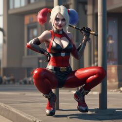 ai_generated ai_hands baseball_bat harley_quinn looking_at_viewer presenting_pussy public slutty_pose smirk spread_legs