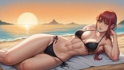 abs ai_generated belly_button bikini black_bikini black_bra black_panties bra chainsaw_man demon hourglass_figure makima_(chainsaw_man) mountain muscular_female navel ocean panties red_hair sea sunset tummy yellow_eyes