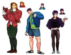 3boys absurdres black_pants blue_jacket brown_footwear charm_(object) collared_shirt commentary elliott_(stardew_valley) english_commentary full_body gay gloves green_shirt highres holding_charm hood hoodie idoraad jacket leg_hair lilprincyvi long_hair long_sleeves male_focus multiple_boys official_art_inset open_mouth orange_hair pants penis_slip purple_hair purple_hoodie sandals sebastian_(stardew_valley) shane_(stardew_valley) shirt short_hair simple_background standing stardew_valley teeth unfinished white_background white_gloves yawning