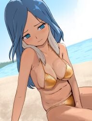 1girls beach bellatrix_(inazuma_eleven) beyon_(beyon1710) bikini blue_eyes blue_hair blush female inazuma_eleven isabelle_trick light-skinned_female light_skin seaside solo solo_female two_tone_hair urubida white_hair yagami_reina yellow_bikini