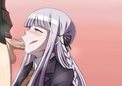 1boy :>= danganronpa deepthroat fellatio female kirigiri_kyouko makiri_akira naegi_makoto oral penis straight_hair