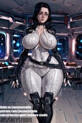 ai_generated belt black_choker black_footwear black_gloves black_hair blue_eyes bodysuit boots breasts breasts_apart choker classroom cleavage clothing cropped_jacket desk elbow_gloves english_text female female_only fingerless_gloves footwear forehead gloves huge_breasts impossible_clothes indoors jousneystudio large_breasts lips long_hair looking_at_viewer looking_away looking_to_the_side mass_effect mass_effect_(series) miranda_lawson open_clothes parted_bangs parted_lips science_fiction skin_tight solo space standing star_(sky) thick_thighs thigh_boots thighs tight white_bodysuit wide_hips window