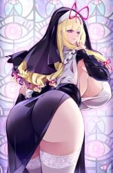 blonde_hair headwear huge_ass huge_breasts mature_female milf nun purple_eyes raptor7 ribbon thick_thighs thighs touhou yukari_yakumo