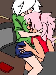 2girls blush breasts breasts colette_(brawl_stars) hair hug janet_(brawl_stars) long_hair looking_at_viewer pink_hair short smile white_hair yuri yuri