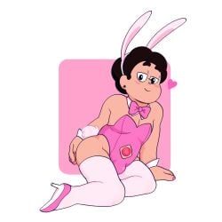 1boy 1male accurate_art_style animal_ears big_ass black_eyes black_hair blush blush_lines bodysuit bulge bulge_through_clothing bunny bunny_costume bunny_ears bunny_tail bunnysuit chubby chubby_male cleavage clothed color colored cuffs cute dark_brown_hair detached_collar digital_drawing_(artwork) digital_media_(artwork) earrings flat_chest flat_chested flirting flirting_look flirty fluffy_tail gem gem_(species) high_heels human hybrid leotard male male_only not_ai_generated on_knees pink_background pink_bodysuit pink_bowtie pink_bunnysuit pink_leotard pink_nail_polish pink_nails posing short_hair simple_background simple_shading sitting solo steven_quartz_universe steven_universe strapless strapless_leotard tail thighs white_ears white_legwear wrist_cuffs