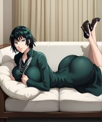 ai_generated apartment beige_background big_ass big_breasts big_butt big_thighs black_high_heels breasts cleavage couch curvy curvy_body curvy_female curvy_figure female female_focus female_only fubuki_(one-punch_man) green_dress green_eyes green_hair huge_ass jewelry large_breasts light-skinned_female light_skin lips lipstick long_legs looking_at_viewer one-punch_man pillow retair18 sexy sexy_pose short_hair smile smiling smiling_at_viewer wide_hips