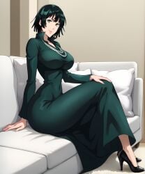 ai_generated apartment beige_background big_ass big_breasts big_butt big_thighs black_high_heels breasts cleavage couch curvy curvy_body curvy_female curvy_figure female female_focus female_only fubuki_(one-punch_man) green_dress green_eyes green_hair huge_ass jewelry large_breasts light-skinned_female light_skin lips lipstick long_legs looking_at_viewer one-punch_man pillow retair18 sexy sexy_pose short_hair smile smiling smiling_at_viewer wide_hips