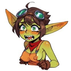 areola_slip areolae blush breasts breasts_visible_through_clothing brown_hair clothed female gabi_(gabital) gabital goblin goblin_female goggles goggles_on_head green_skin nipples nipples_visible_through_clothing overalls pointy_ears pointy_teeth