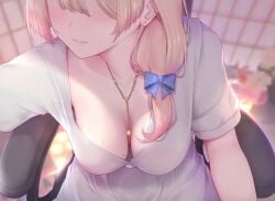 blonde_hair blue_bow bow breasts cleavage dress faceless faceless_female female hairbow healing_luka jewelry large_breasts long_hair necklace nikuku_(kazedesune) sitting smile solo virtual_youtuber white_dress