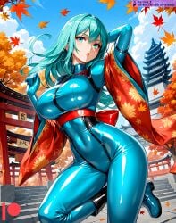 ai_generated bodysuit breasts female kuriboh_ex_(artist) latex latex_clothing latex_suit oppai rubber rubber_clothing rubber_suit skin_tight turquoise_eyes turquoise_hair