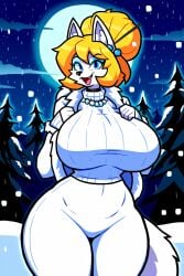 ai_generated anthro big_breasts blonde_hair breasts_bigger_than_head fox furry furry_focus furry_only large_breasts majorfluffy novelai pearl_necklace thick_thighs updo wide_hips