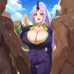 1girls 2boys ai_generated cleavage dark-skinned_male horn imminent_sex interracial purple_eyes purple_hair shion_(tensei_shitara_slime_datta_ken) smile tensei_shitara_slime_datta_ken waving