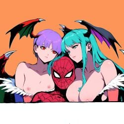 1boy 2demons 2girls ai_generated areola_slip areolae bat_wings boy_sandwich breasts breasts_out bridal_gauntlets capcom crossover curvaceous curvaceous_figure curvy_female darkstalkers demon demon_girl demon_wings depravedtsunami eastern_and_western_character face_against_breast fat_breasts flat_chest flat_chested girl_sandwich green_eyes green_hair head_wings huge_breasts human_on_humanoid imminent_sex light-skinned_female light_skin lilith_aensland marvel marvel_comics marvel_vs._capcom monster_girl morrigan_aensland multiple_girls peter_parker purple_hair red_eyes sandwiched shirt_pull small_breasts spider-man spider-man_(series) succubus succubus_wings superhero threesome tiny_breasts tits_out topless voluptuous voluptuous_female