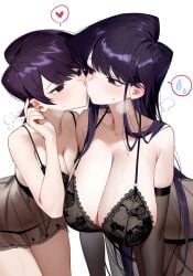 ai_generated blush cleavage daughter incest kissing komi-san_wa_komyushou_desu komi_shouko komi_shuuko lingerie long_hair mother mother_and_daughter purple_eyes purple_hair see-through short_hair sweat yuri