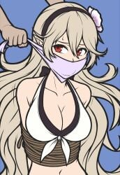 1girls bare_shoulders black_hairband blonde_hair bound_torso cleavage corrin_(fire_emblem)_(female) corrin_(summer)_(fire_emblem)_(female) damsel_in_distress fire_emblem fire_emblem_fates fire_emblem_heroes gag gagged gagging hair_flower hairband kidnapped large_breasts long_hair magnolia-baillon over_the_mouth_gag pointy_ears red_eyes white_bikini