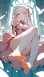 ai_generated blue_eyes blush elf elf_ears elf_female elf_girl elf_princess feet feet_fetish feet_focus female female_only pink_dress small_breasts toeless_stockings toes white_hair