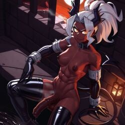 abs ai_generated collar demon demon_girl foreskin futa_only futanari hell helltaker horns judgement_(helltaker) latex leaking_precum moon muscular night penis tail thighhighs uncut