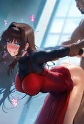 aozaki_aoko big_ass big_breasts big_penis blowjob blowjob_face blue_eyes brown_hair fellatio licking mikayori red_clothing slutty_outfit