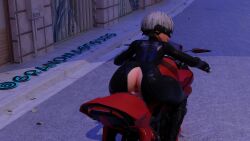 1boy 3d anus ass balls big_ass blindfold bodysuit femboy grandmastersurgeon huge_ass male male_focus male_only motorcycle nier nier:_automata rear_view short_hair solo testicles trap white_hair yorha_9s