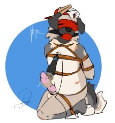 alpha_channel anthro ball_gag blindfold bondage bondage border bound canid canine canis clothing domestic_dog drago-kun gag gagged genitals hat headgear headwear jakov knot male mammal penis restraints rope rope_bondage rope_harness sex_toy solo transparent_border vibrator