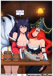 1girls ahri ai_generated animal_ears beer black_hair breasts green_eyes large_breasts league_of_legends mimipaws miss_fortune red_hair riot_games yellow_eyes