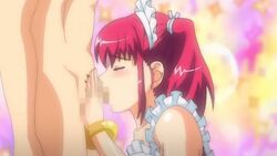 animated apron balls_deep blush censored closed_eyes cosplay deepthroat fellatio gif maid_headdress natsumize_sukumi oral penis pink_hair red_hair school_swimsuit swimsuit tsundere_inran_shoujo_sukumi twintails