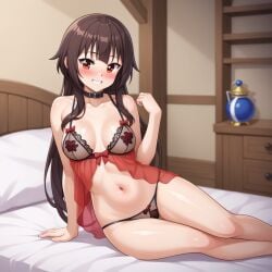 ai_generated bed bedroom blush breasts brown_hair kono_subarashii_sekai_ni_shukufuku_wo! lingerie megumin necklace red_eyes