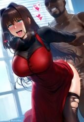 aozaki_aoko big_ass big_breasts big_penis blowjob blowjob_face blue_eyes brown_hair fellatio licking mikayori red_clothing slutty_outfit