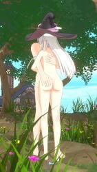 1boy 1girls 3d completely_nude elaina_(majo_no_tabitabi) forest grabbing_ass grass hugging long_hair majo_no_tabitabi nude petite purple_eyes small_breasts standing town trees white_hair witch_hat